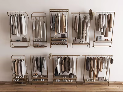 Stylish Metal Clothes Racks with Hanging Clothes Shoes and Accessories in Modern Wardrobe Display Setup 3d model