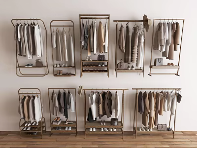 Stylish Metal Clothes Racks with Hanging Clothes Shoes and Accessories in Modern Wardrobe Display Setup 3d model