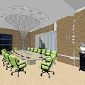 Modern Meeting Room Interior With Green Chairs Long Conference Table Brick Walls And Wooden Floor