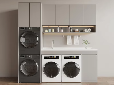 Front Load Stackable Washing Machines In Modern Laundry Room With Grey Cabinets And Sink Counter 3d model