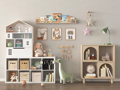 Colorful Children's Playroom With Dollhouse Stuffed Animals Books Dinosaur Toy Shelves And Wall Decorations 3d model