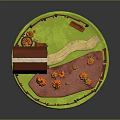 Scenic Miniature Landscape With Red Roof Barn Green Grass Wooden Fence And Pumpkin Patch