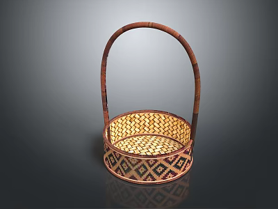 Handwoven Traditional Wicker Basket with Curved Handle and Intricate Weave Pattern for Daily Household Use 3d model