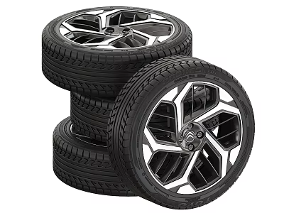 Stacked Black Car Tires With Modern Alloy Wheels And Tread Pattern 3d model