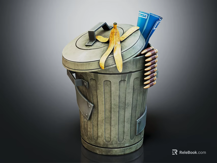 Metal Trash Can With Lid Topped With Yellow Gloves And Blue Papers 3d model 