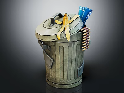 Metal Trash Can With Lid Topped With Yellow Gloves And Blue Papers 3d model