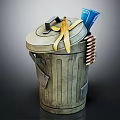 Metal Trash Can With Lid Topped With Yellow Gloves And Blue Papers