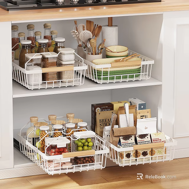 Kitchen Cabinet Interior Organized With Storage Baskets And Kitchen Essentials 3d model