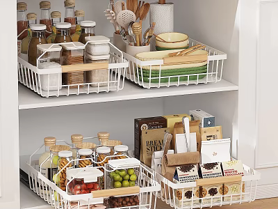 Kitchen Cabinet Interior Organized With Storage Baskets And Kitchen Essentials 3d model