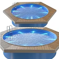Hexagonal Swimming Pool Sports Equipment Featuring Wooden Deck Metal Ladder and Water Surface Lighting