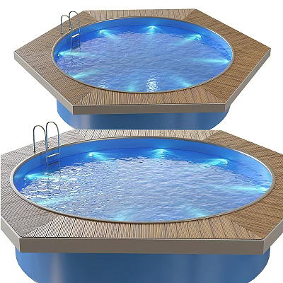 Hexagonal Swimming Pool Sports Equipment Featuring Wooden Deck Metal Ladder and Water Surface Lighting 3d model