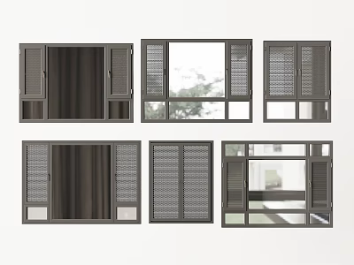 Modern Casement Windows With Various Wooden Frames Grill Designs And Clear Glass Panels 3d model