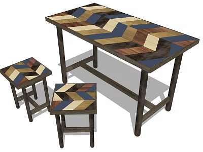 Dining Table Set with Colorful Herringbone Wooden Pattern and Matching Stools 3d model