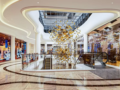 Modern Shopping Mall Lobby Interior With Hanging Chandelier Escalator And Shop Windows 3d model