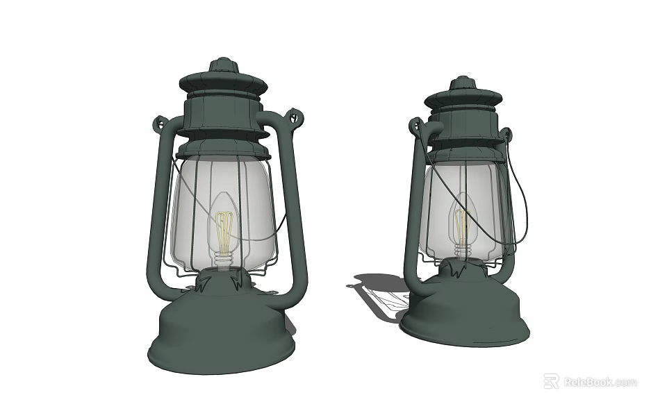 Pair of Vintage Green Lantern Lamps with Metal Frame and Glass Shade 3d model 