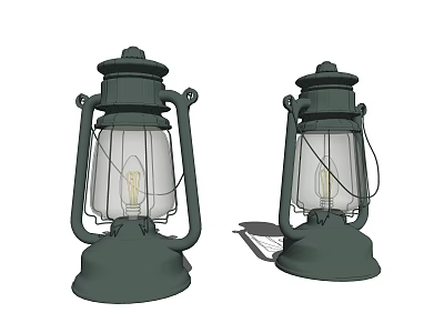 Pair of Vintage Green Lantern Lamps with Metal Frame and Glass Shade 3d model