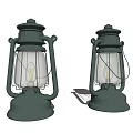 Pair of Vintage Green Lantern Lamps with Metal Frame and Glass Shade