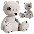 Gray Plush Teddy Bear Doll With Patched Details And Visible Stitching Design 3d model