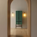 Green Entryway Console Cabinet With Two Wall Lamps Arched Doorway Light Walls And Wooden Floor