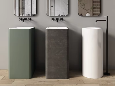 Modern Pedestal Sinks in Green Gray White with Wall Mirrors in Bathroom 3d model