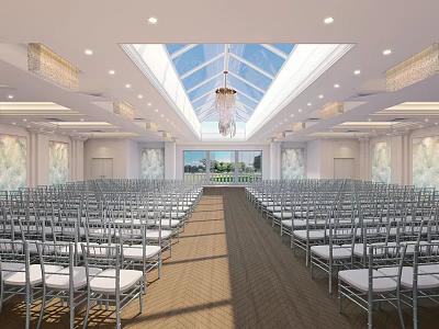 Elegant Banquet Hall Interior Featuring Neatly Arranged Chairs Central Aisle Skylight And Chandelier 3d model