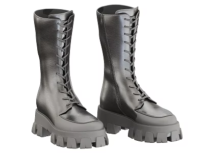 Black High Top Leather Boots With Thick Platform Sole And Lace Up Design 3d model