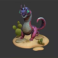 Vibrant Fantasy Creature With Purple Pink Body Green Eyes On Sandy Base With Small Cactus