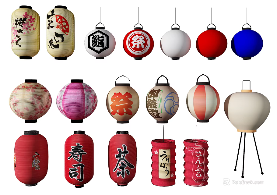Traditional and Modern Lanterns with Various Colors Chinese Characters and Decorative Designs 3d model 