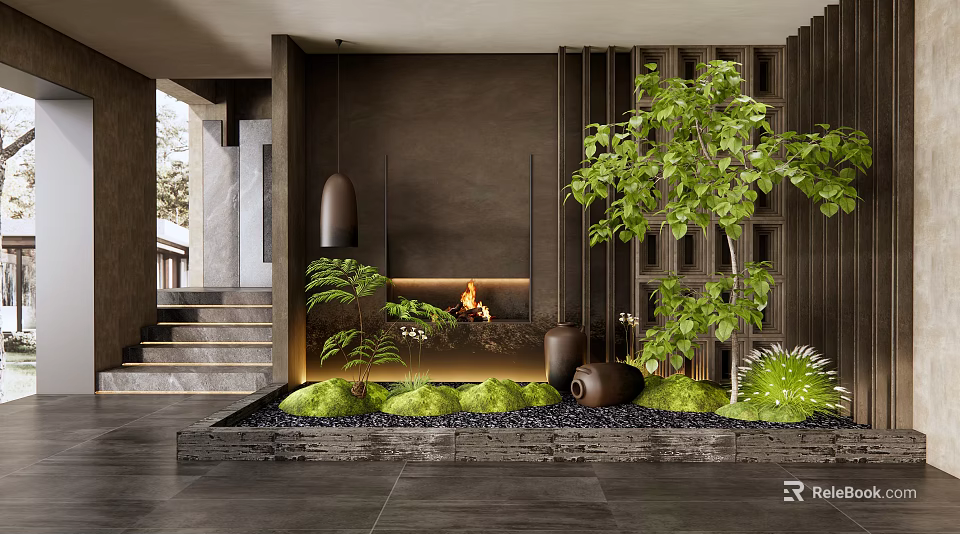 Elegant Indoor Landscape Design With Fireplace Green Plants Stone Steps And Ceramic Pots 3d model 