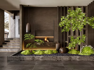 Elegant Indoor Landscape Design With Fireplace Green Plants Stone Steps And Ceramic Pots 3d model
