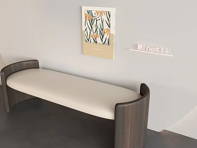 Modern Curved Shoe Bench With Light Cushion Dark Wood Frame And Minotti Decorative Painting 3d model