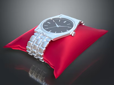 Elegant Silver Wristwatch on Red Cushion with Metal Strap and Classic Dial Design 3d model