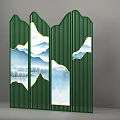 Modern Chinese Style Screen with Green Frame Linear Design and Landscape Pattern 3d model