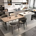 Modern Kitchen Dining Table Set With Light Wooden Top Four Chairs And White Island