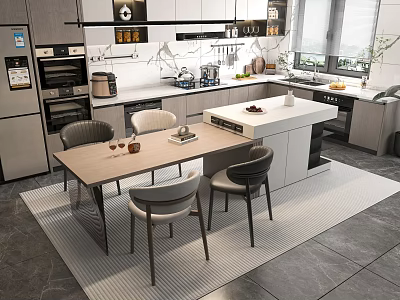 Modern Kitchen Dining Table Set With Light Wooden Top Four Chairs And White Island 3d model