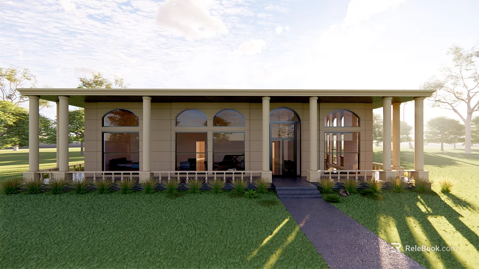 Detached Villa Exterior Featuring Arched Windows Lawn And Front Porch Pathway 3d model 