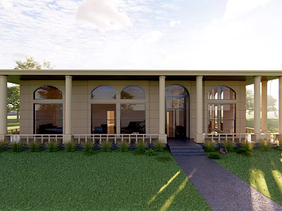 Detached Villa Exterior Featuring Arched Windows Lawn And Front Porch Pathway 3d model