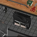 Workbench With Wooden Top Wall Cabinet Red Green Bottles Tools Storage Boxes And Metal Shelf
