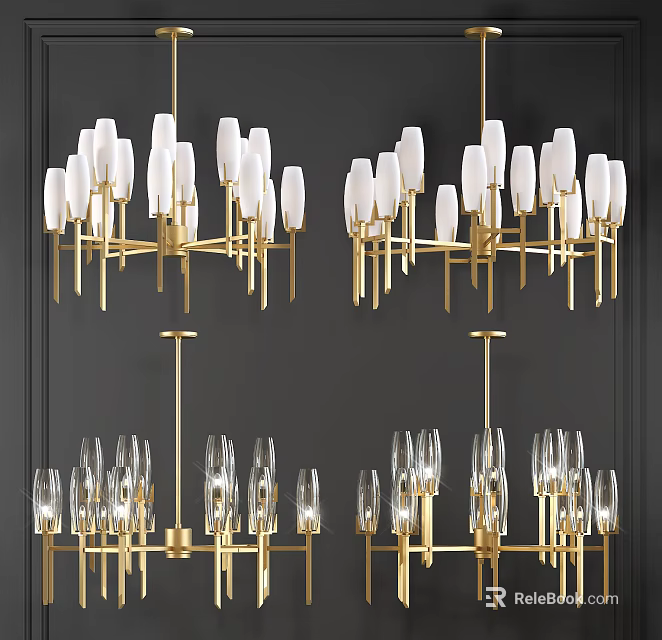 Modern Gold Chandeliers With Transparent Glass Shades And Multiple Arms Design 3d model 