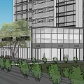 Urban Commercial Complex with High Rise Buildings Landscaped Plaza Greenery and Parking Vehicles