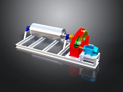 Industrial Roller Equipment With Silver Roller Red Gear Green Components And White Metal Frame 3d model