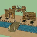 Egyptian style Entrance Gate With Stone Carvings Torches Palm Trees And Stone Pillars