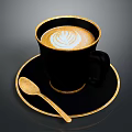 Black Coffee Cup With Gold Rim And Latte Art On Black Saucer With Gold Spoon