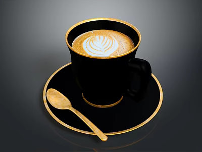 Black Coffee Cup With Gold Rim And Latte Art On Black Saucer With Gold Spoon 3d model