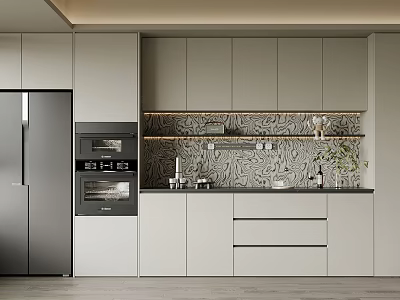 Modern Kitchen Sideboard Design With Marble Countertop Storage Cabinets And Decorative Items 3d model