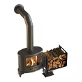 Burning Fireplace With Glass Door Chimney Metal Structure And Stacked Firewood 3d model