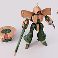 Green and Brown Mecha Robot Model with Arm Cannon and Mechanical Joints