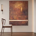 Abstract Painting With Warm Brown Hues Central Light Spot And Horizontal Stripe Near Wooden Chair