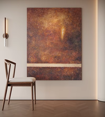 Abstract Painting With Warm Brown Hues Central Light Spot And Horizontal Stripe Near Wooden Chair 3d model