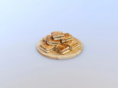 Delicious Stacked Square Pastry Pieces on Round Wooden Plate with Light Background 3d model